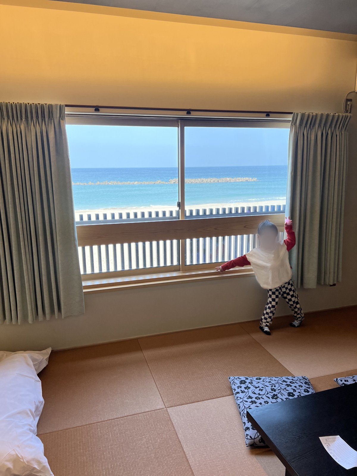 畳の客室。大きな窓の向こうに竹野浜と青い海が広がる