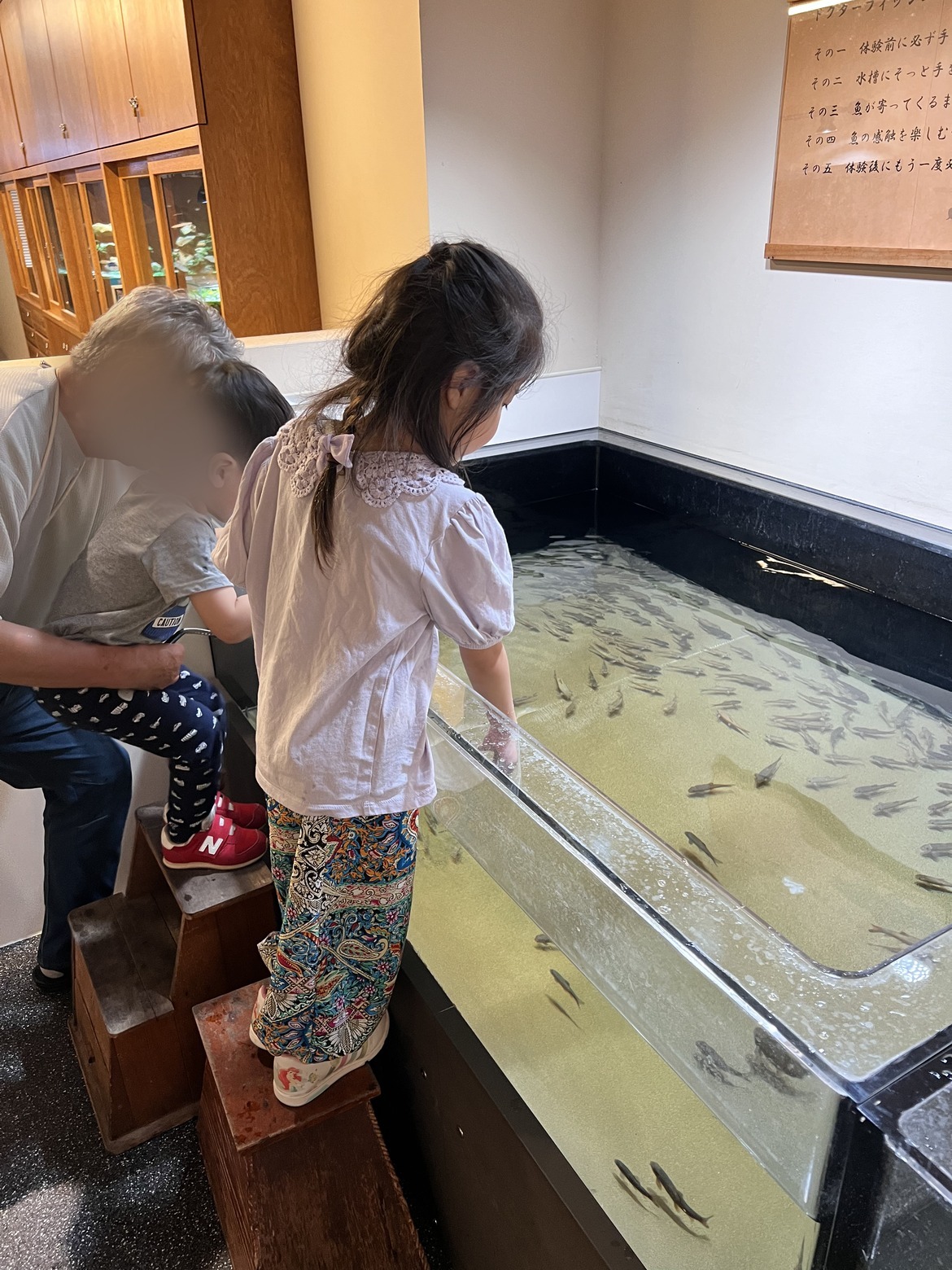 細長い水槽をのぞきこむ子どもたち