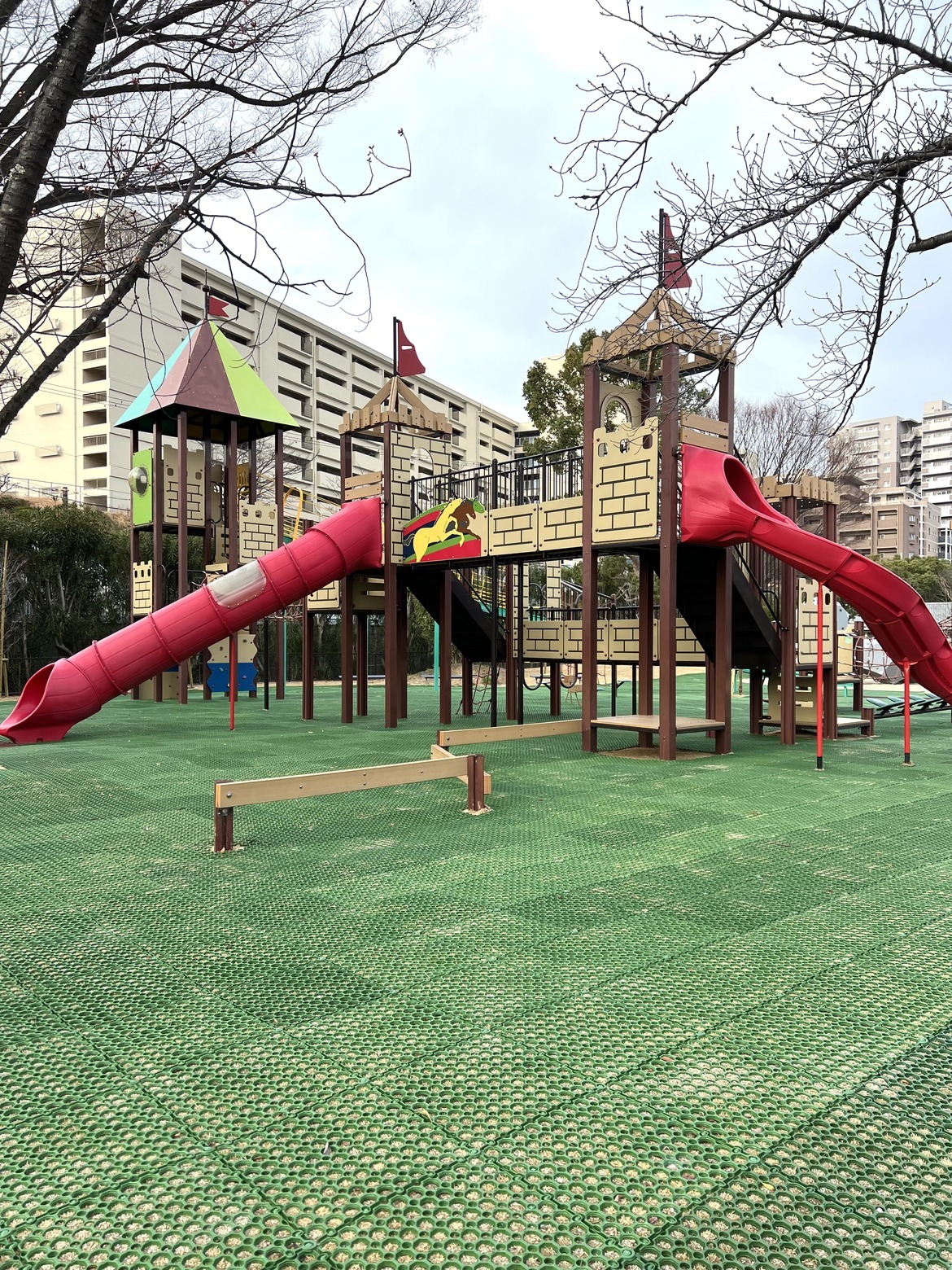 屋外の大型木製遊具。赤いすべり台が2本ついている
