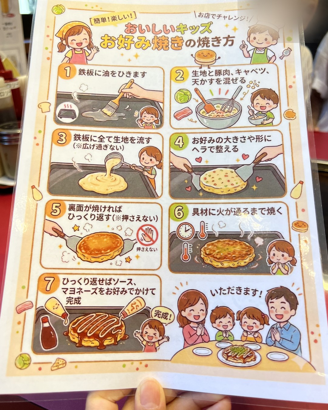「おいしいキッズお好み焼きの焼き方」の手順表
