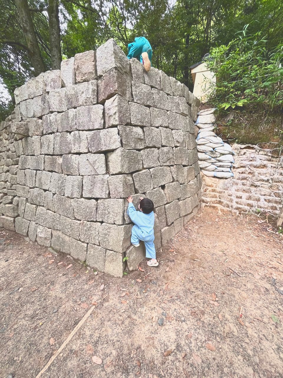 石垣に手をかけて登る子ども