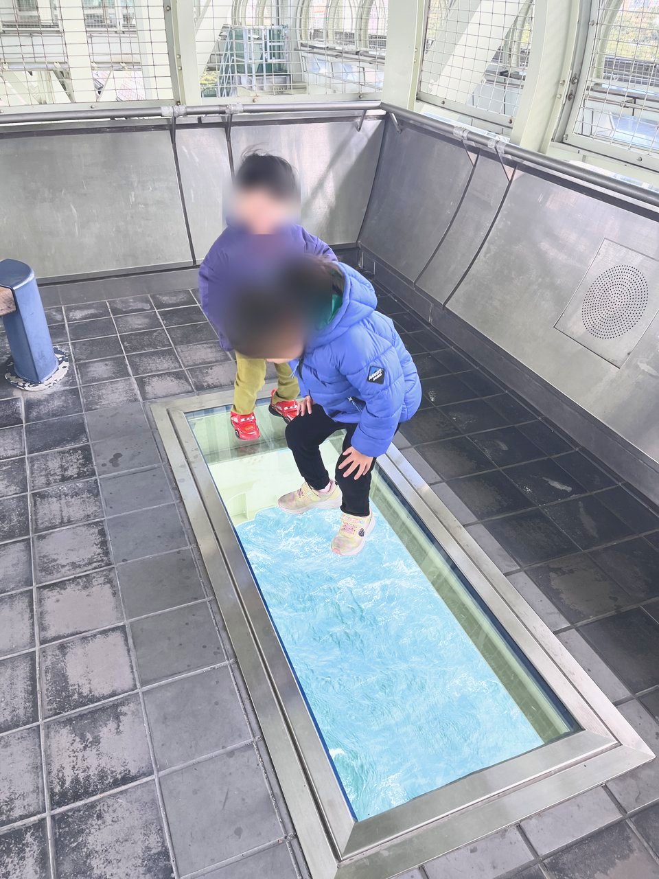 床のガラス窓の上に立つ子どもたち