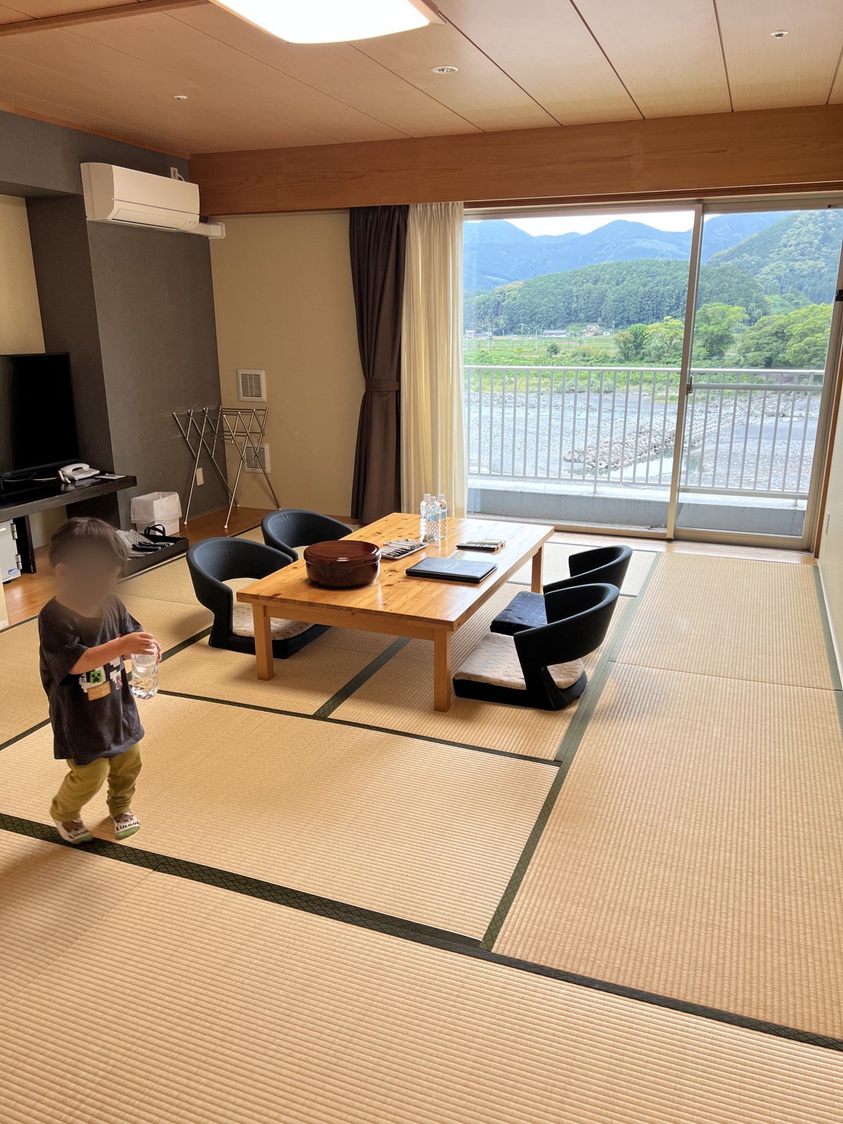 大きな窓の向こうに大井川と山が広がる、広い和室
