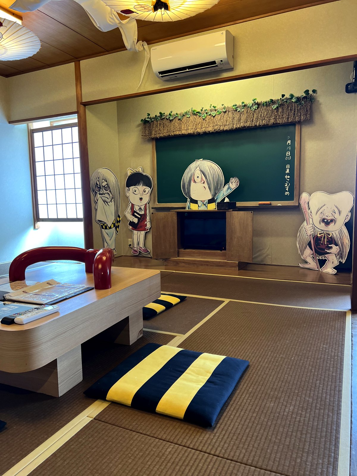 鬼太郎ルームの和室。下駄をかたどった座卓と、鬼太郎のちゃんちゃんこ柄の座布団