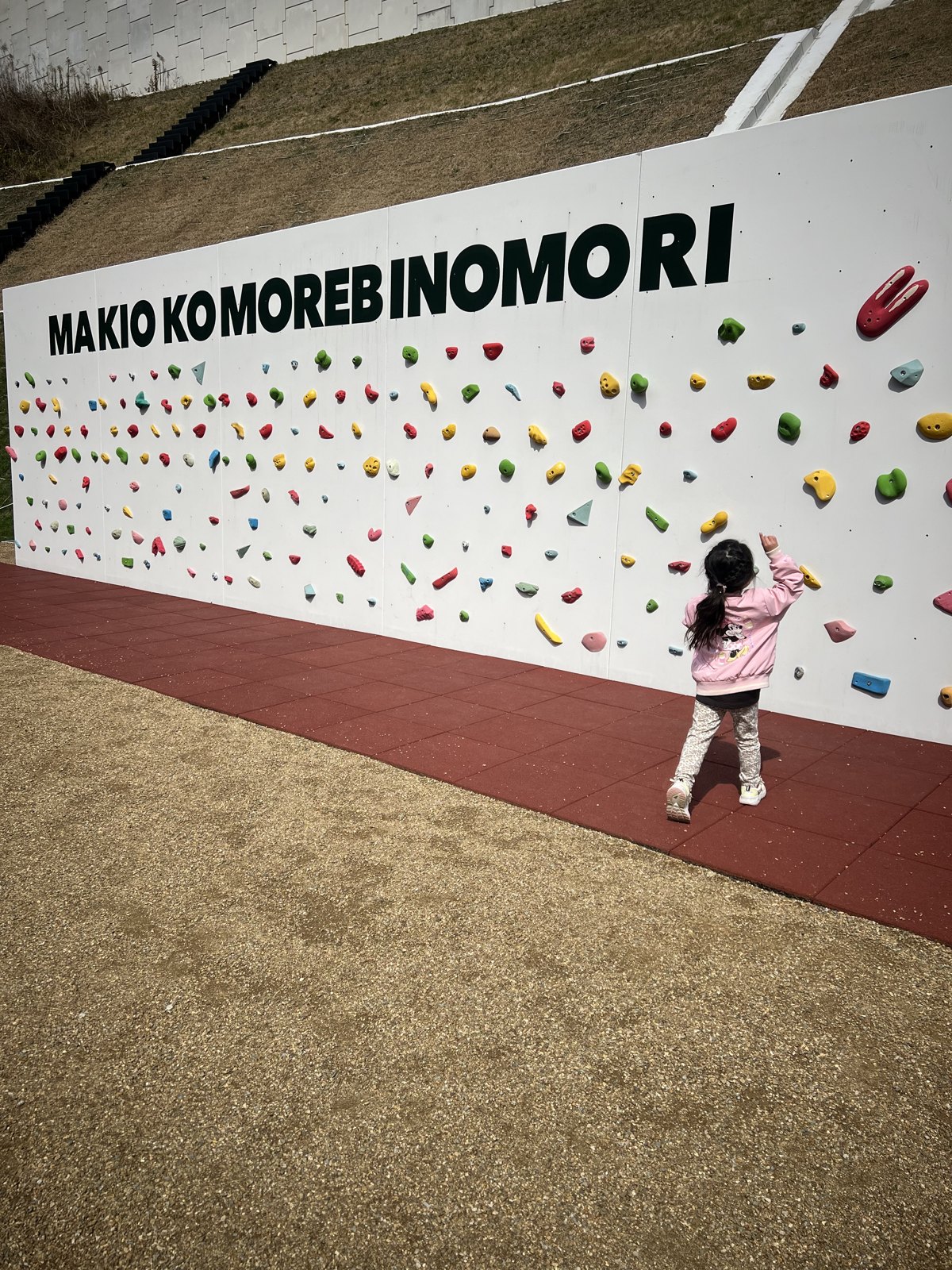 「MAKIO KOMOREBI NO MORI」の文字が入ったボルダリングの壁と長女