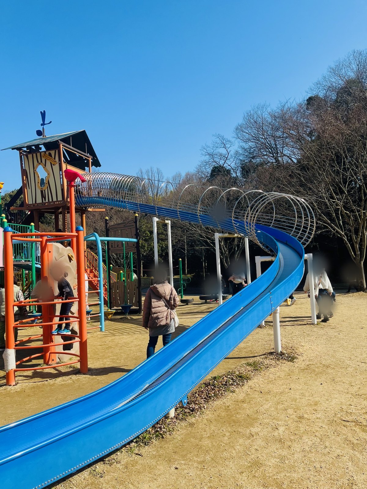 トンネルのような輪がついた、長い青のローラーすべり台