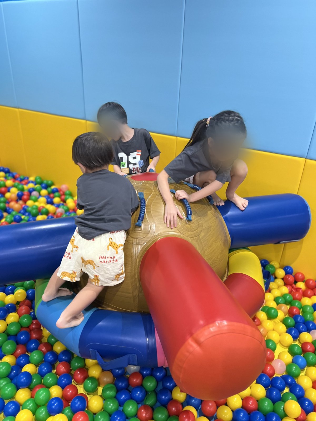 ボールプールの中の遊具に乗る子どもたち