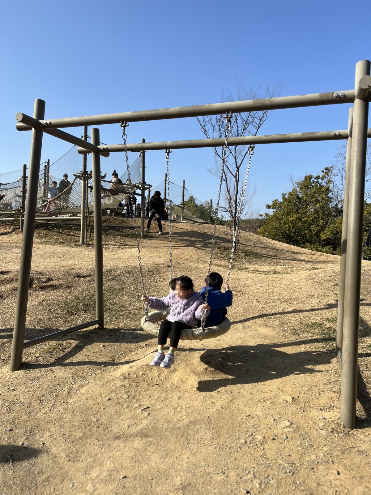 木の柱でできた大きなブランコで遊ぶ子ども