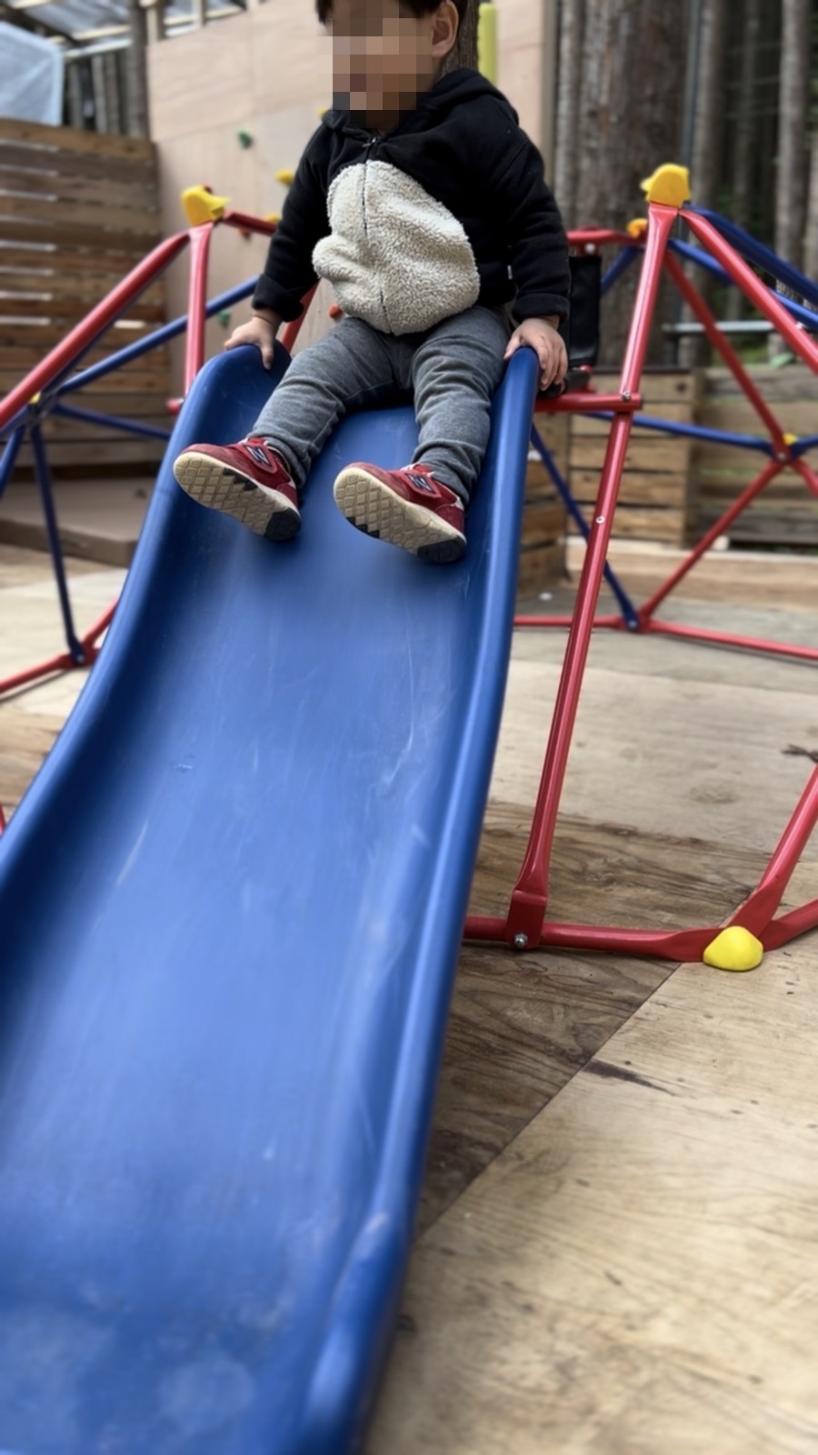 すべり台にまたがる子ども。奥にジャングルジム