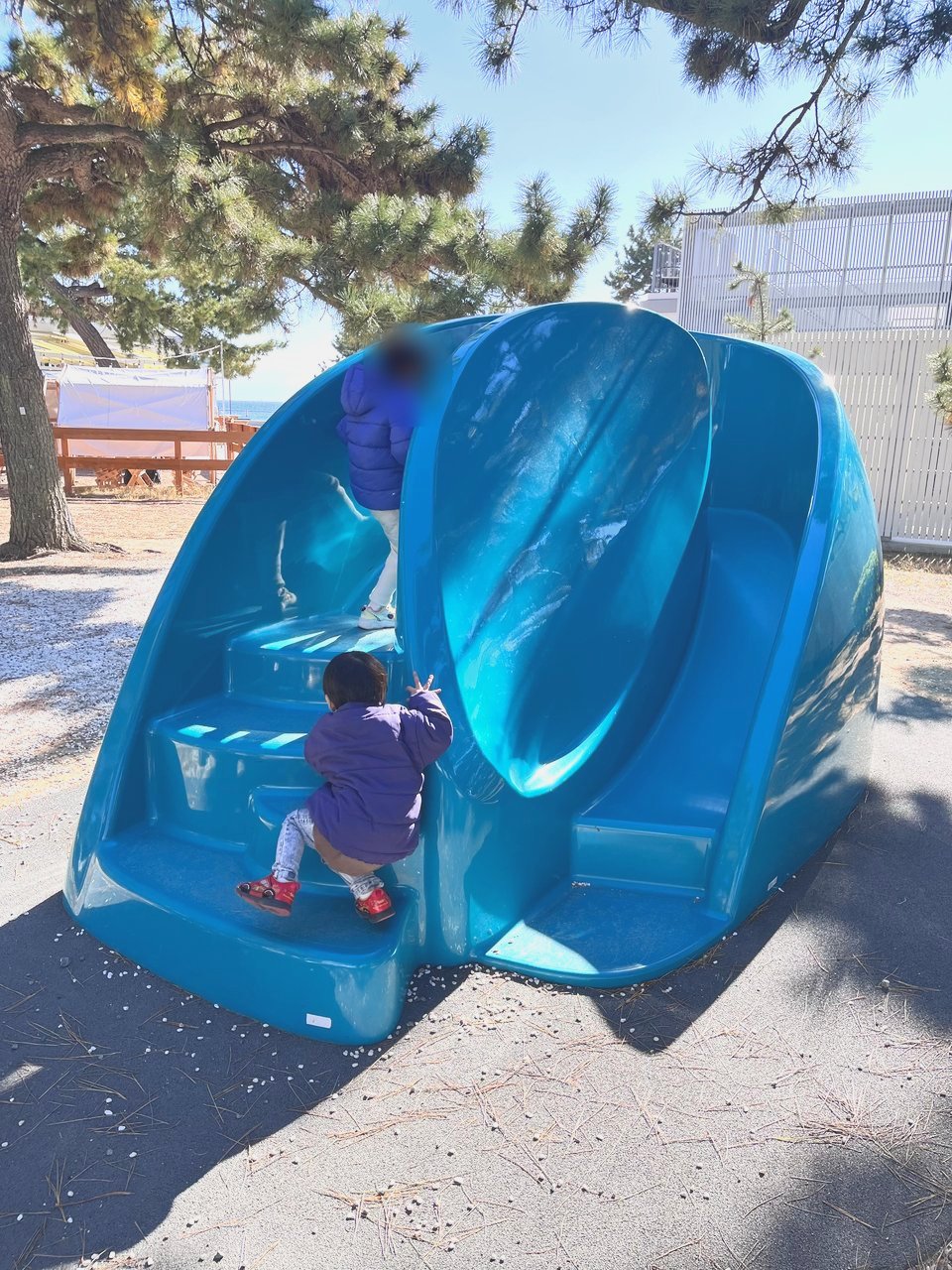 青い貝がらのような形のすべり台を登る子どもたち