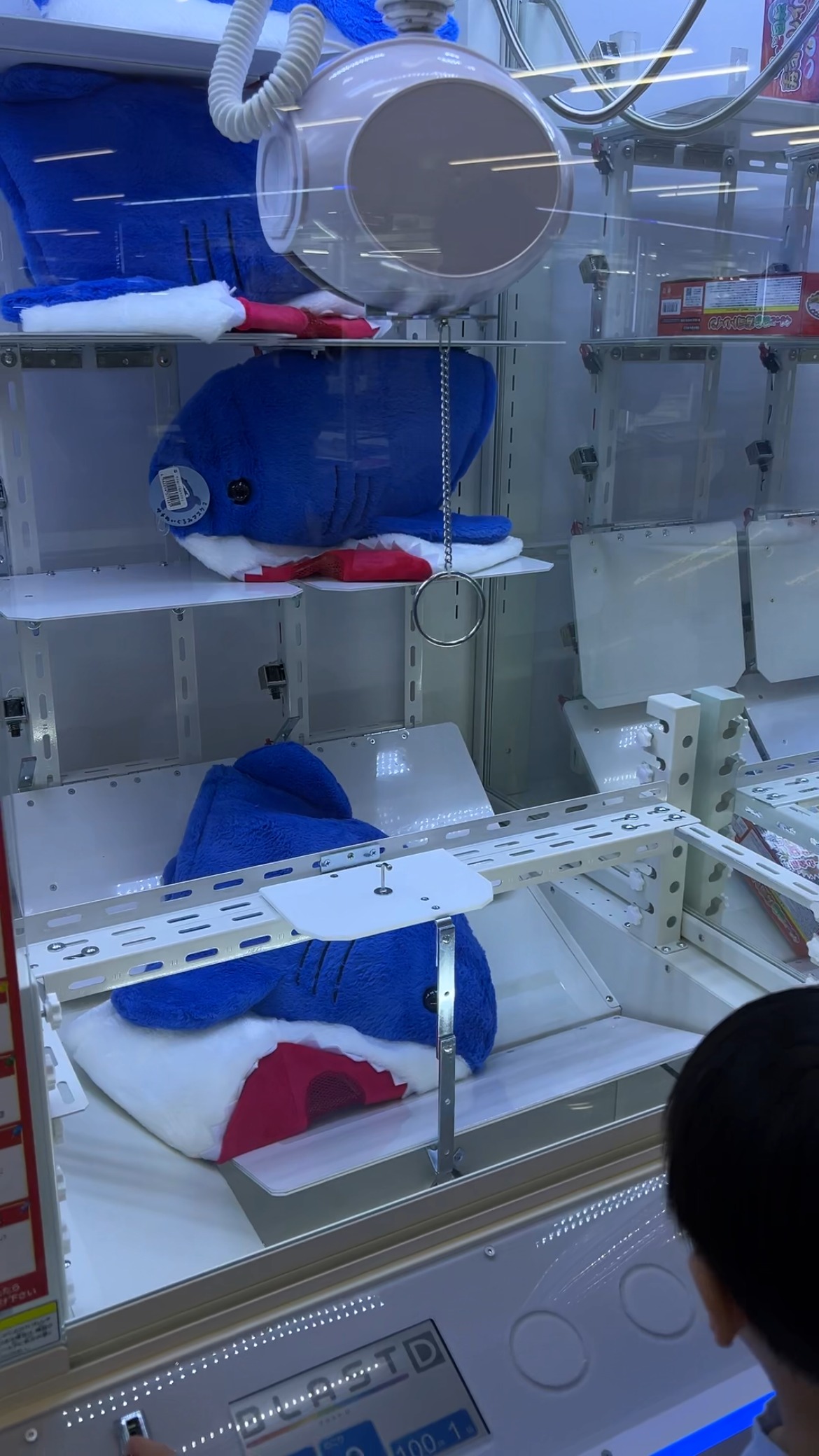 サメのぬいぐるみが入ったクレーンゲームの台
