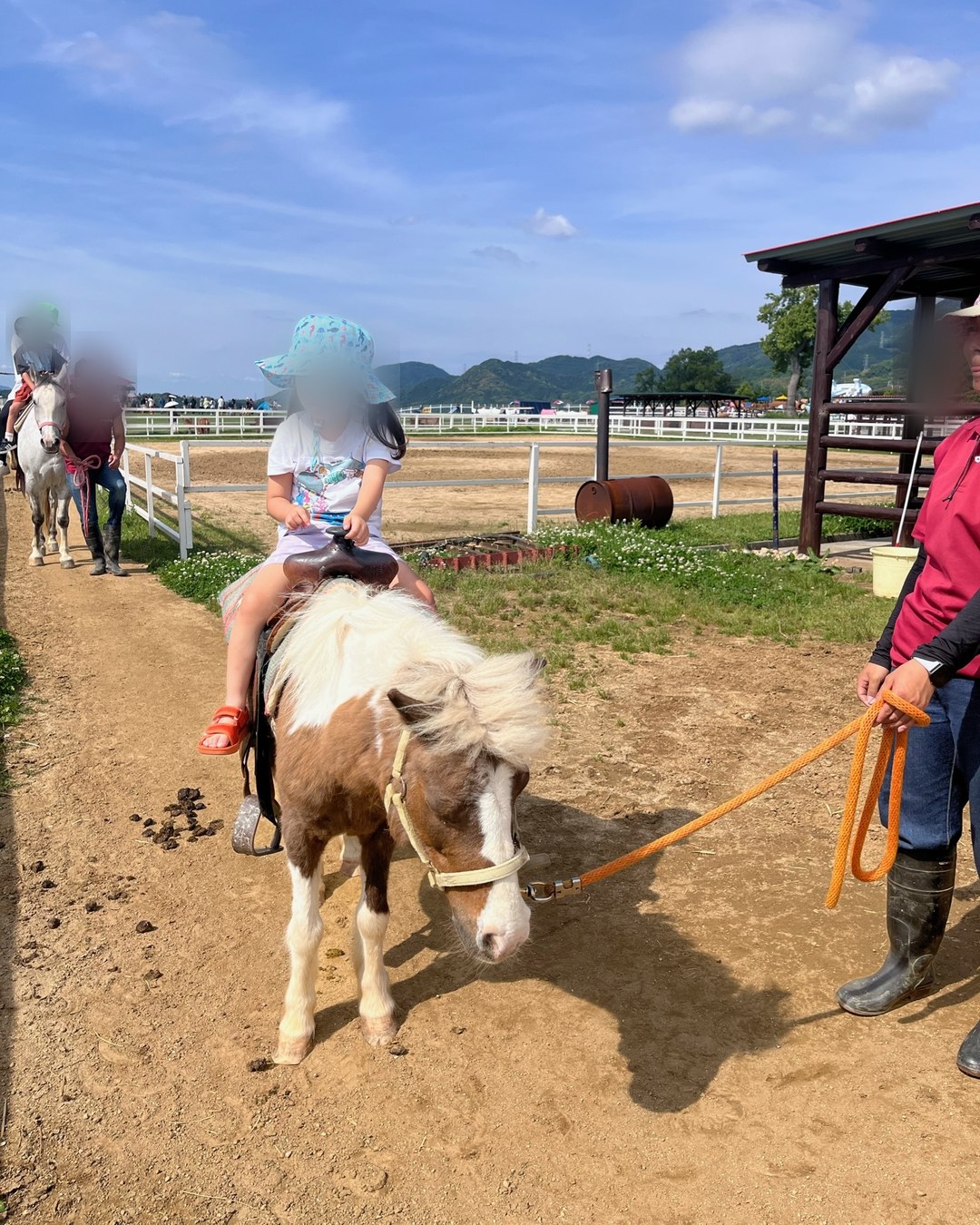 スタッフに引かれたポニーに乗る子ども